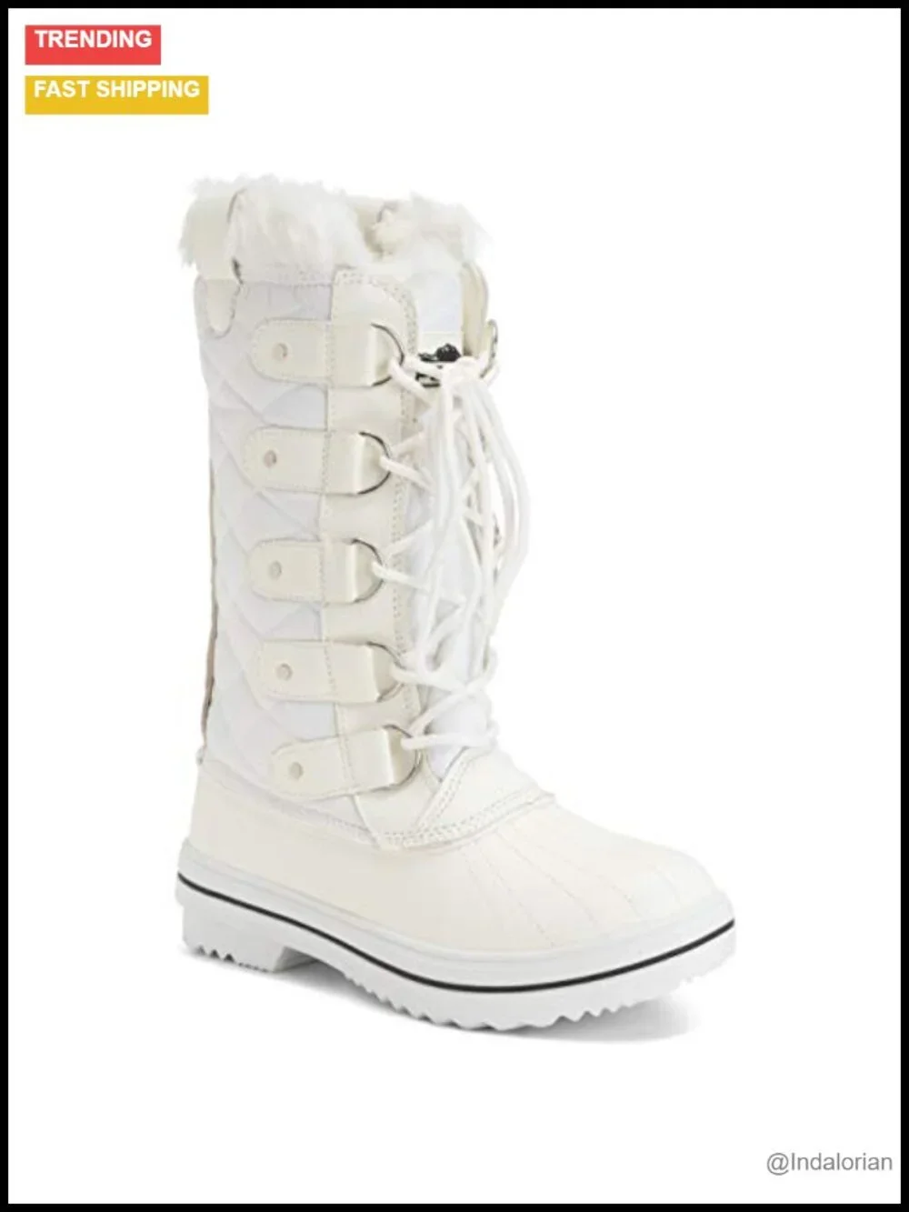 Nylon Snow Boot Mid Calf Lace Up Fur Lined Waterproof